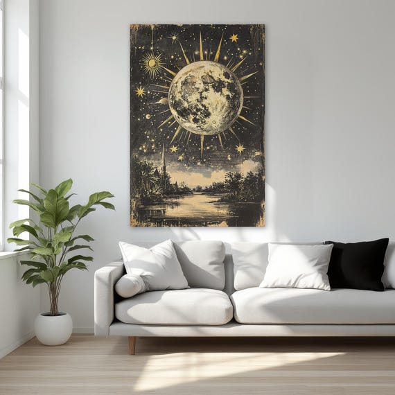 Dark Night Landscape Surreal Framed Canvas Print Gold Full Moon In Starry Sky Wall Art Dreamy Celestial Decor Ready To Hang