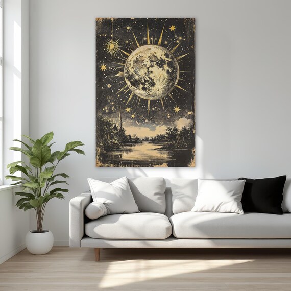 Gold Full Moon Starry Night Sky Surreal Landscape Canvas Poster