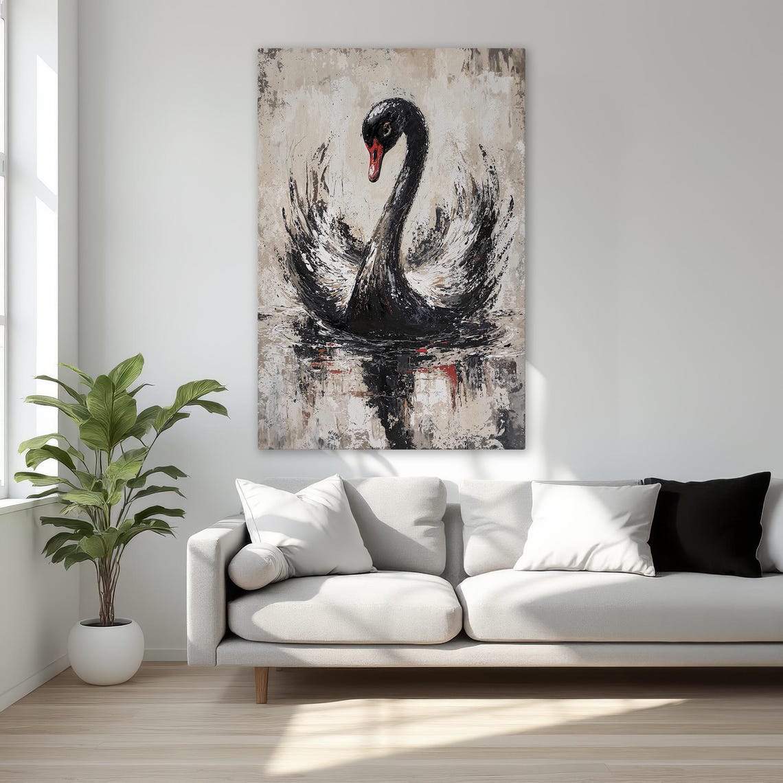 Black Swan Abstract Brushstroke Red Beak Modern Painting Poster