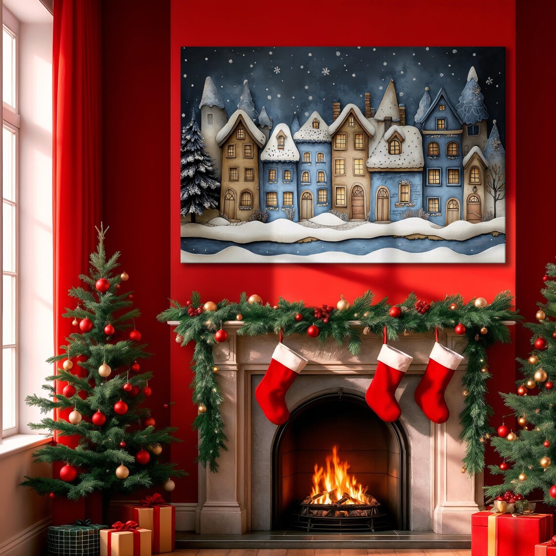 Christmas Town Framed Wall Art Festive Street Painting Print Blue Beige Snowy Houses Poster Winter Holiday Decor Gift Ready To Hang - Image 3