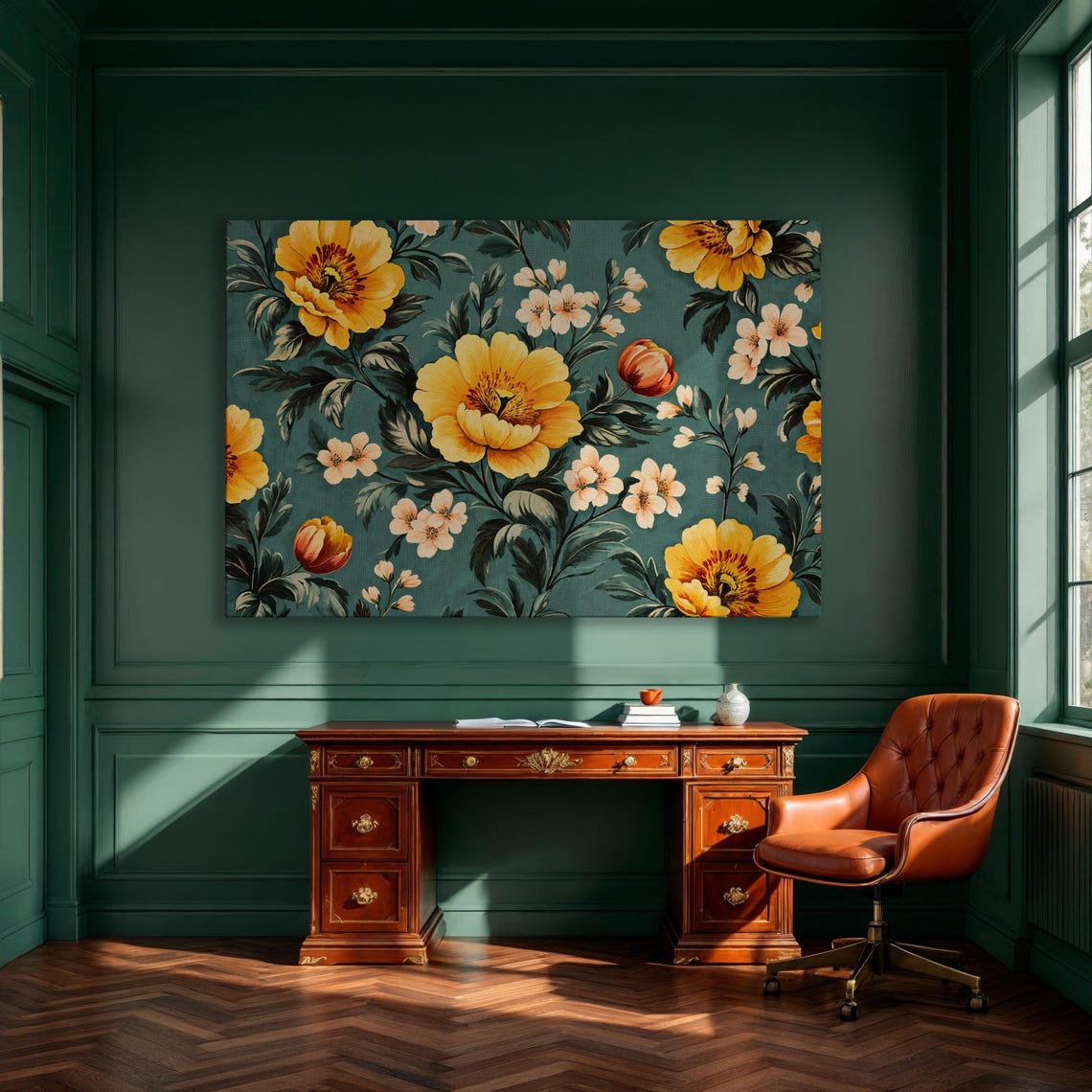 Golden Yellow Floral Pattern On Teal Vintage Botanical Print