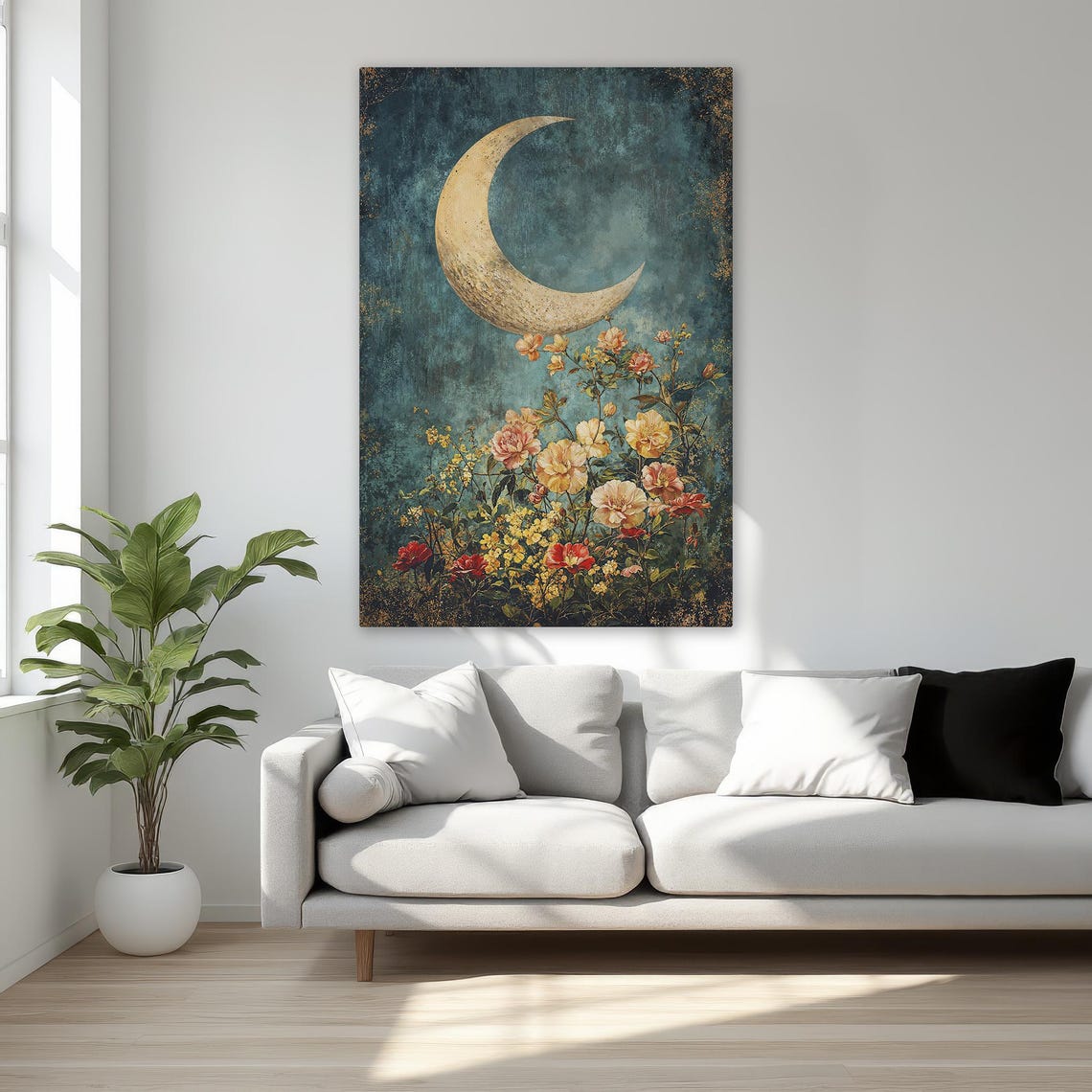Vintage Crescent Moon With Garden Flowers Celestial Art Poster