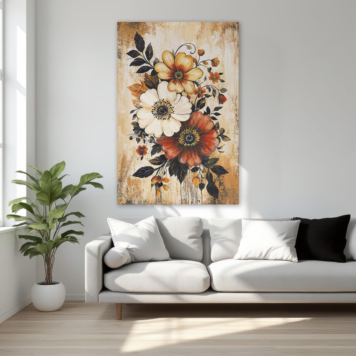 Vintage Anemone Bouquet in Amber and Cream Botanical Wall Art