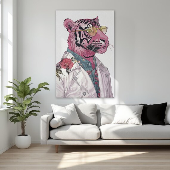 Stylish Pink Tiger Framed Canvas Print Fashionable Animal With Glasses Wall Art Modern Living Room Decor Ready To Hang