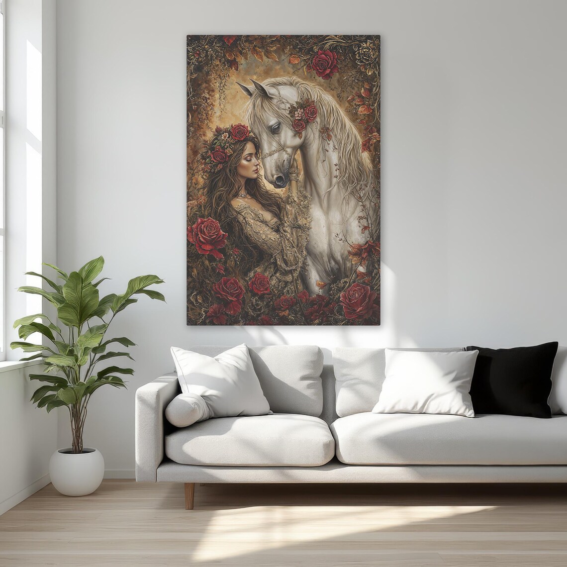 Romantic Girl White Horse Red Roses Fantasy Garden Art Poster