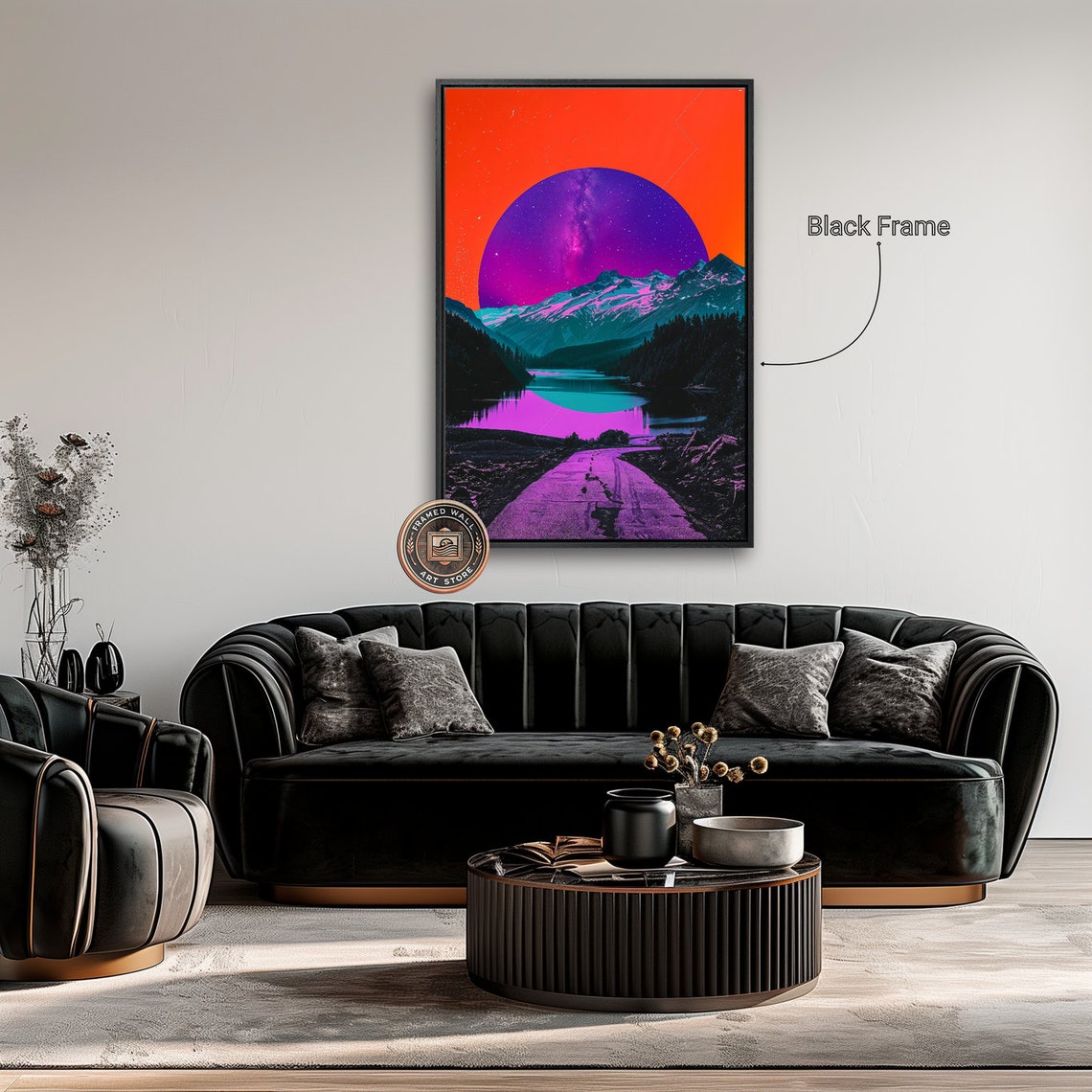 Neon Mountain Lake Road Giant Purple Moon Surreal Art Poster - Image 5