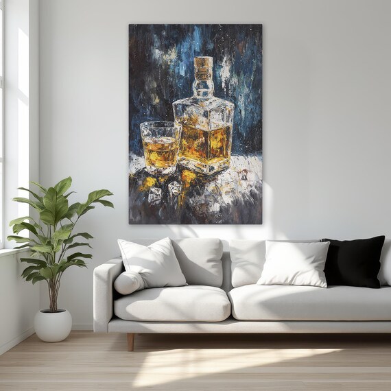 Whiskey Decanter And Glass Dark Abstract Oil Painting Poster