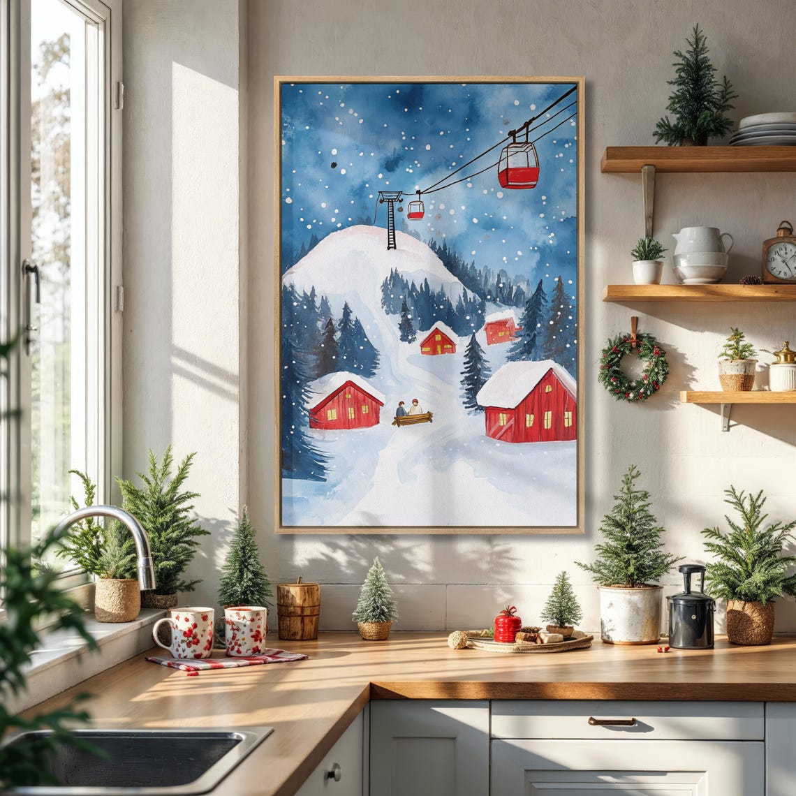 Winter Ski Village With Red Gondola On Snowy Mountain Wall Art