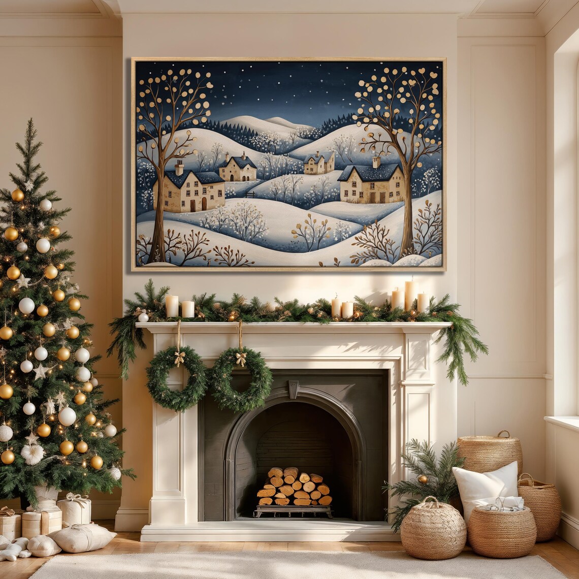Folk Art Winter Village Snowy Hills Cottages Night Holiday Art Poster - Image 2