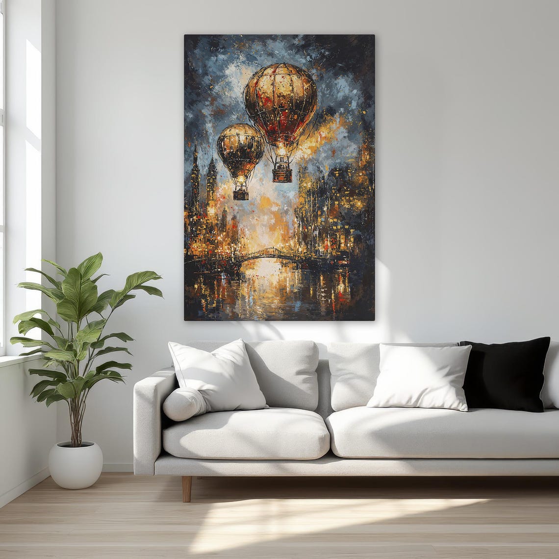 Hot Air Balloons Over Night City Golden River Painterly Art Poster