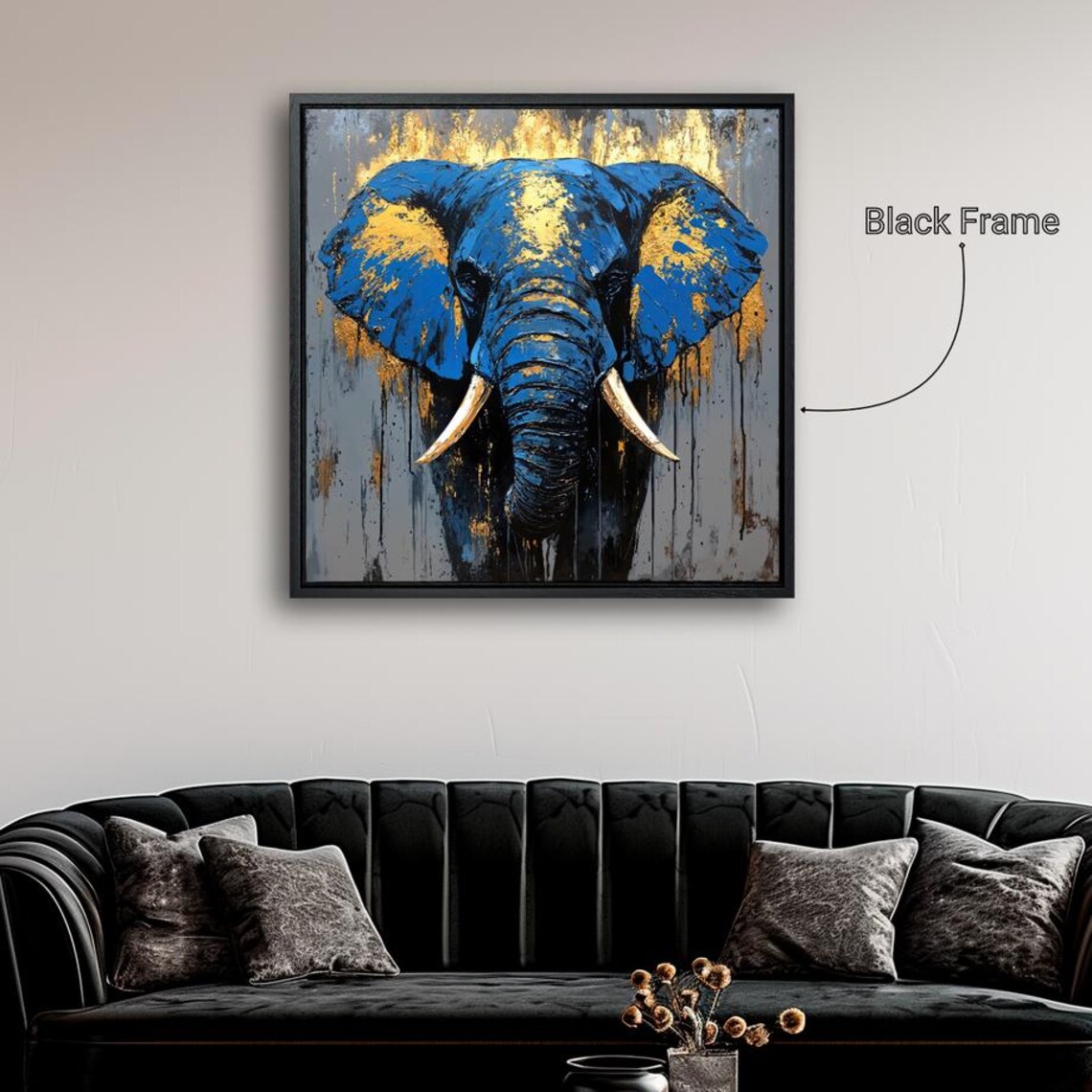 Majestic Blue Gold Elephant Face Close Up Abstract Safari Wall Art Poster - Image 5