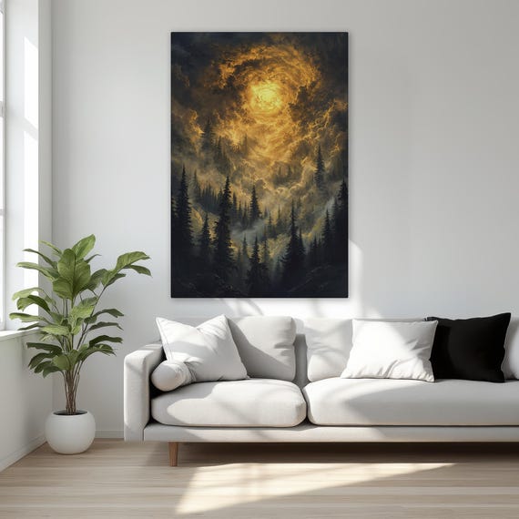 Enchanted Forest At Sunset Framed Canvas Print Cloudy Burning Sky And Misty Woods Wall Art Fantasy Home Decor Ready To Hang