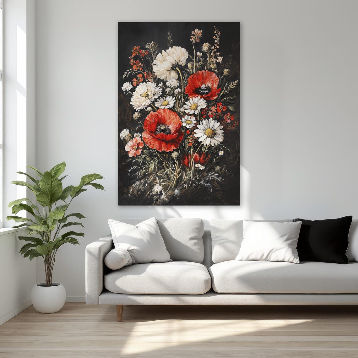 White and Red Wildflowers Dark Moody Botanical Floral Poster