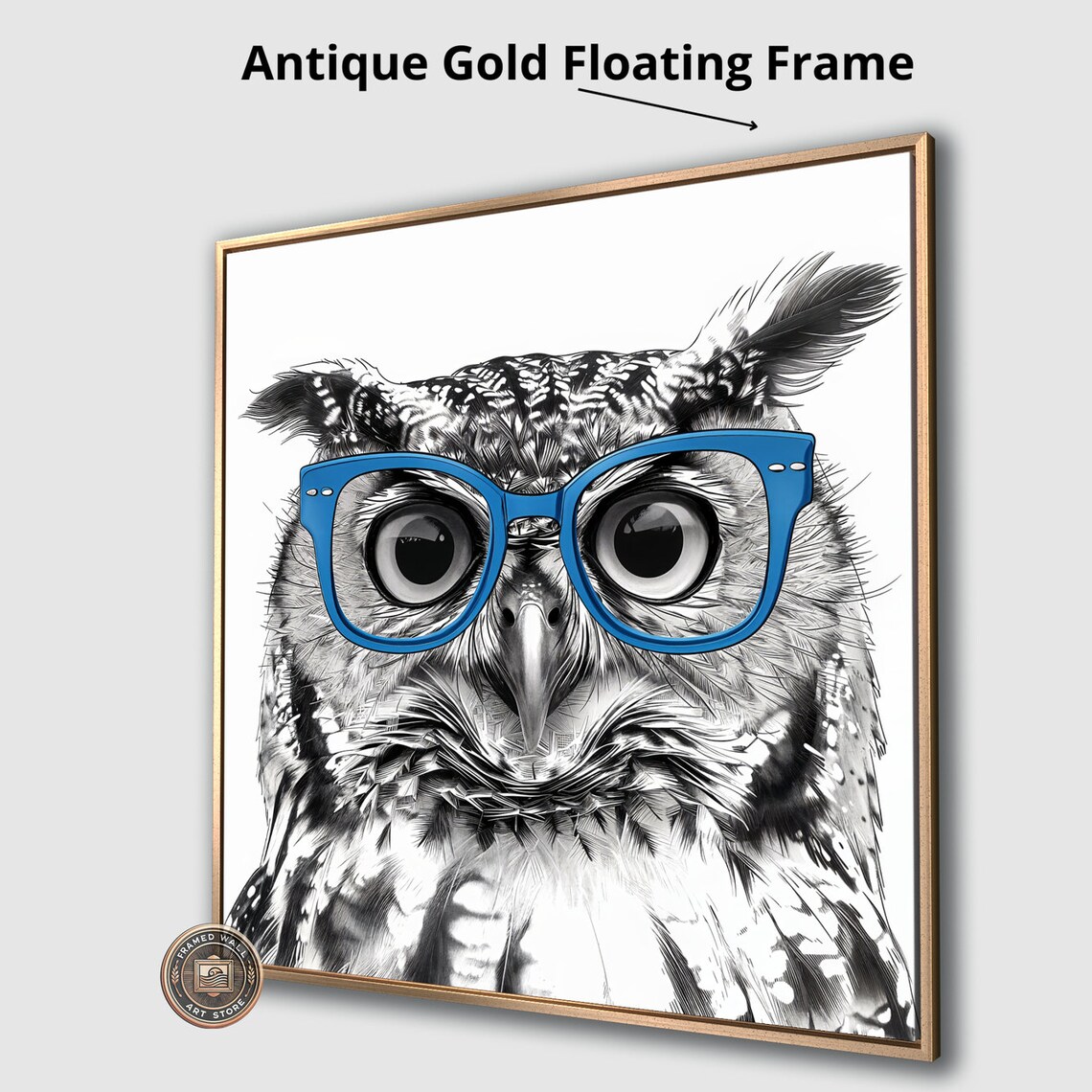 Owl With Blue Glasses, Black And White Art Print - Image 4