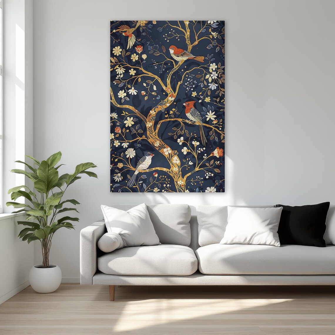 Golden Tree Of Life With Birds Navy Floral Botanical Wall Art