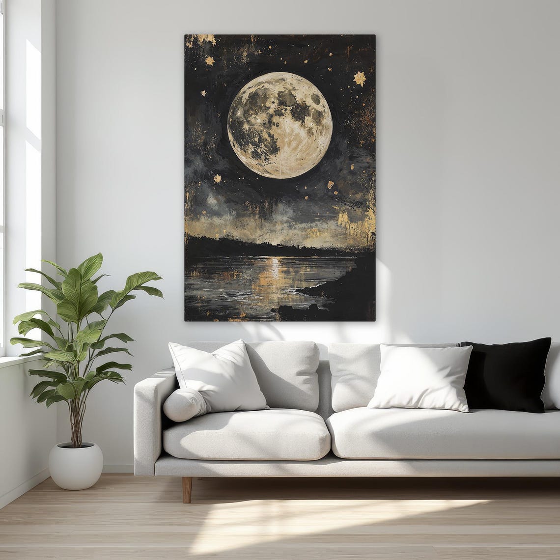 Golden Full Moon Over Dark Lake Reflections Night Sky Poster