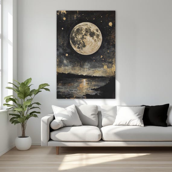 Mystical Full Moon Framed Canvas Print Starry Sky And Lake Wall Art Night Landscape Celestial Decor For Bedroom Ready To Hang
