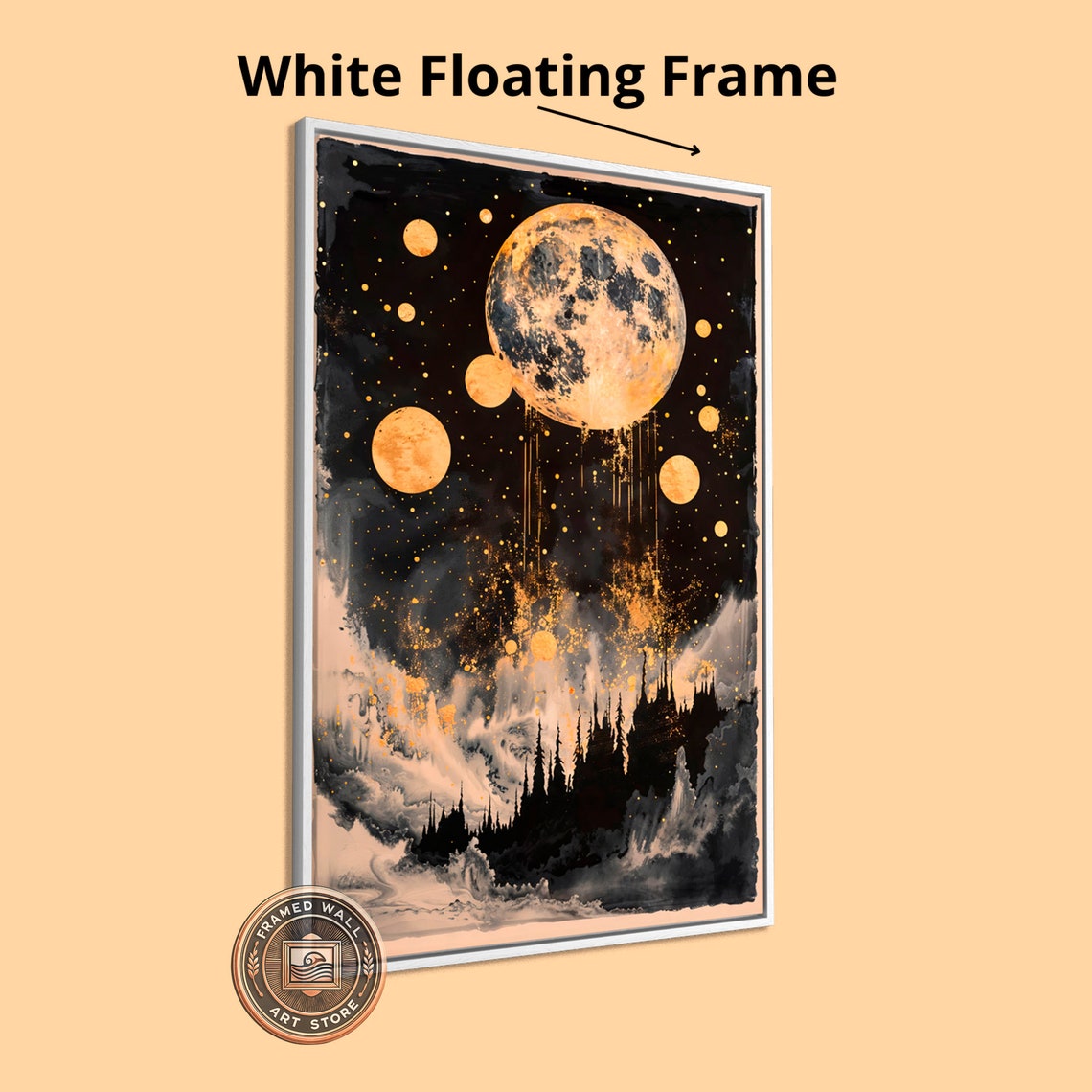 Golden Dripping Moons Over Dark Forest Silhouette Night Poster - Image 4