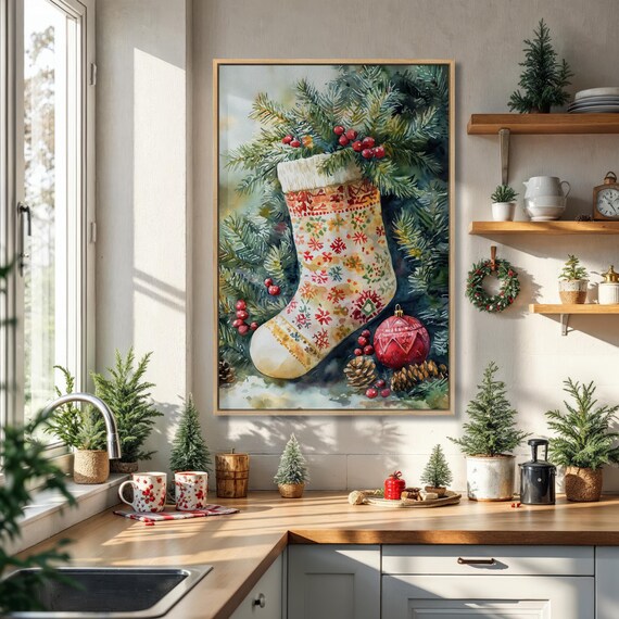 Festive Christmas Stocking Pine Branches Watercolor Holiday Poster