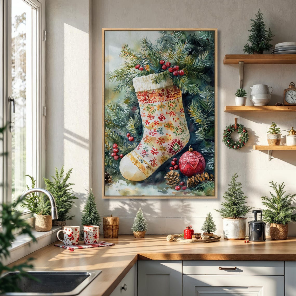 Festive Christmas Stocking Pine Branches Watercolor Holiday Poster