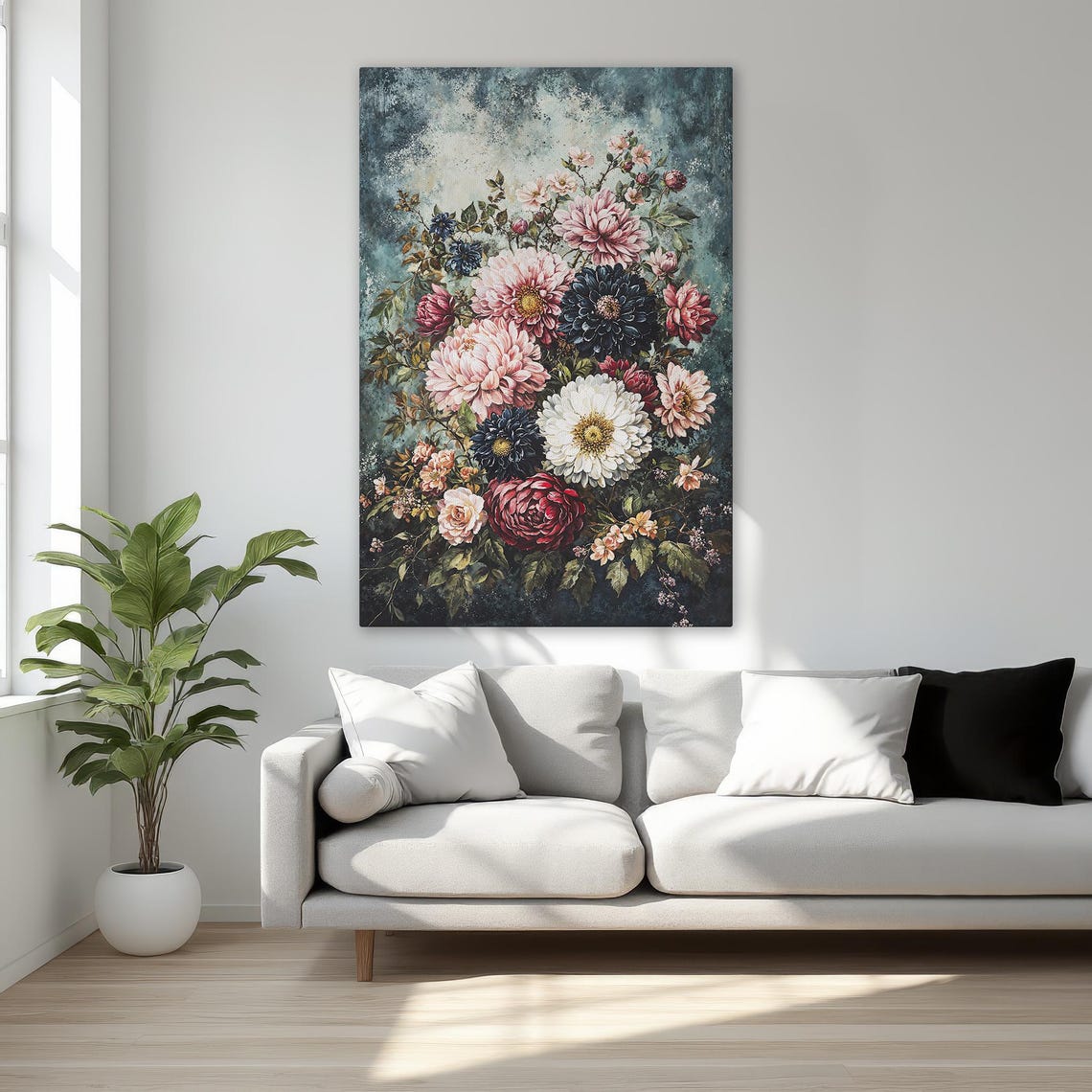 Vibrant Peony Bouquet Dark Teal Floral Framed Canvas Wall Print