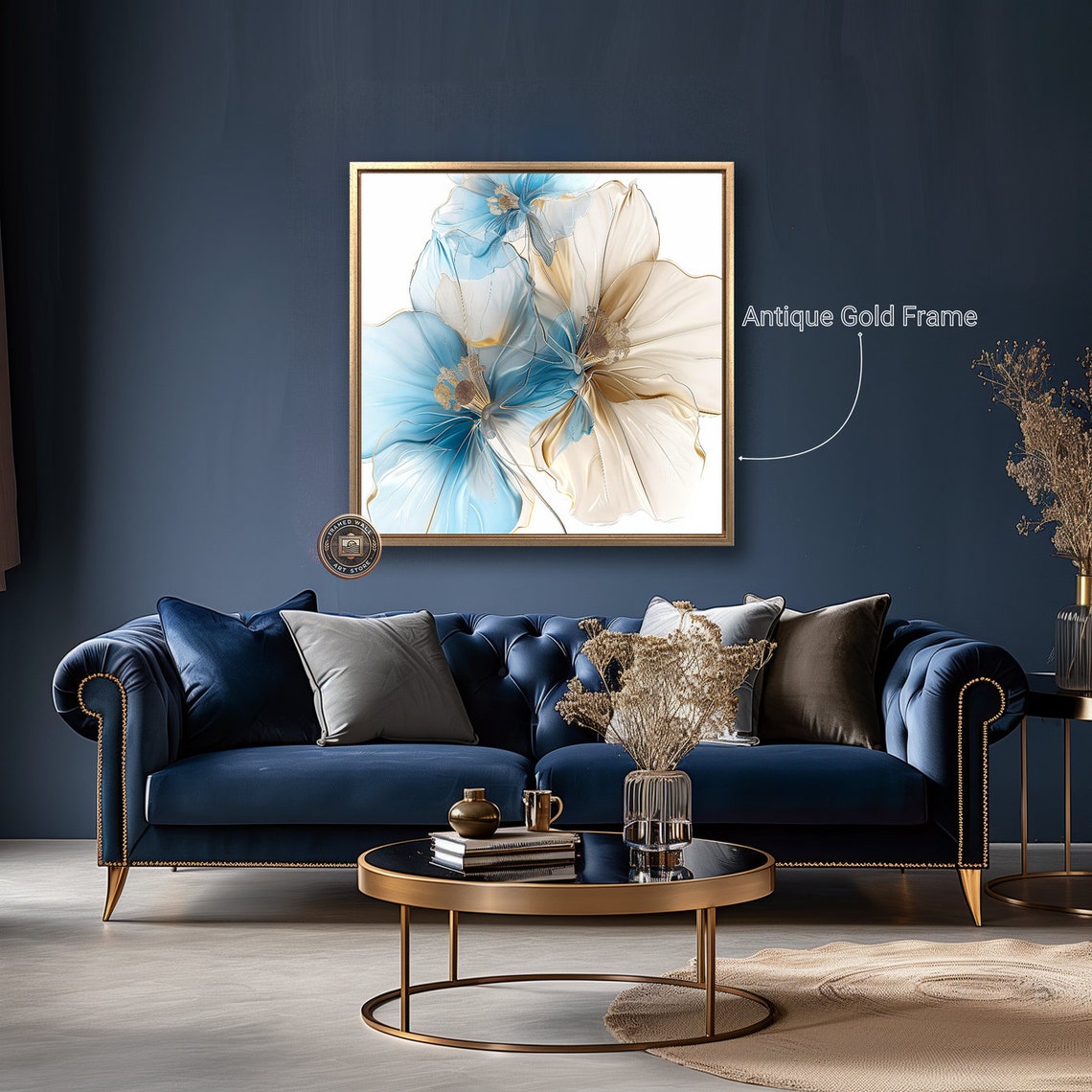 Abstract Blue Beige Blooms Translucent Petals Modern Floral Art Poster - Image 2