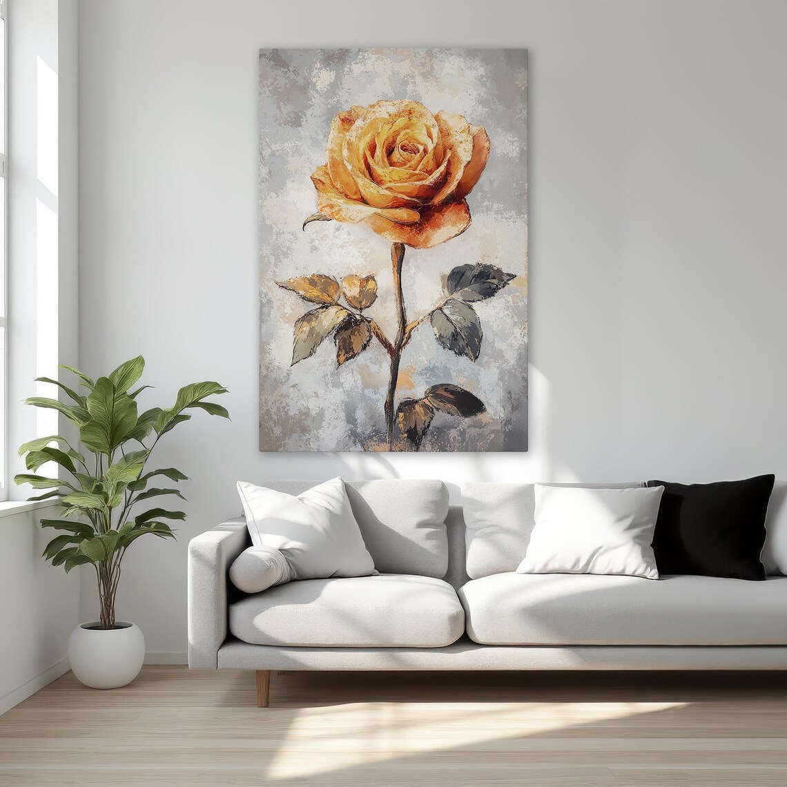 Single Golden Yellow Rose Gray Textured Background Floral Art Poster