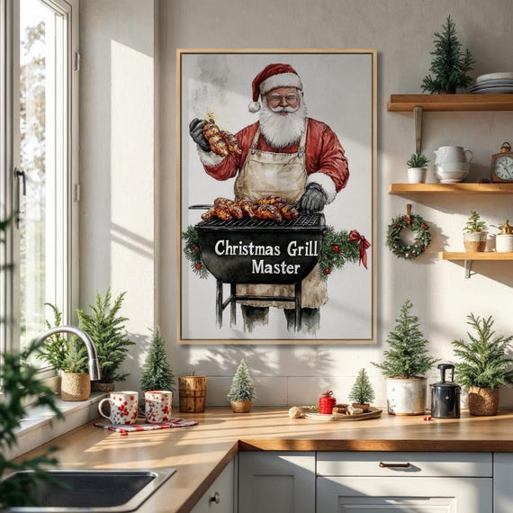 Santa Grill Master Framed Canvas Wall Art Whimsical Claus Painting Print Funny Xmas Decor Festive Christmas Poster Ready To Hang