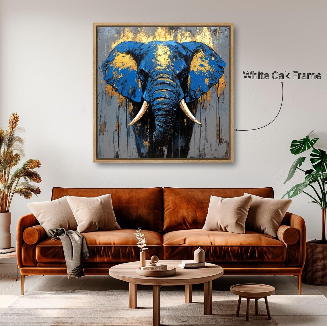Majestic Blue Gold Elephant Face Close Up Abstract Safari Wall Art Poster - Image 2