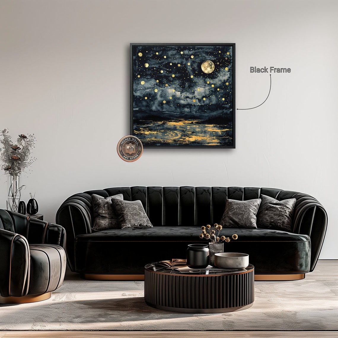 Golden Moonlit Night Sky Stars Celestial Lake Mystical Art Poster - Image 2