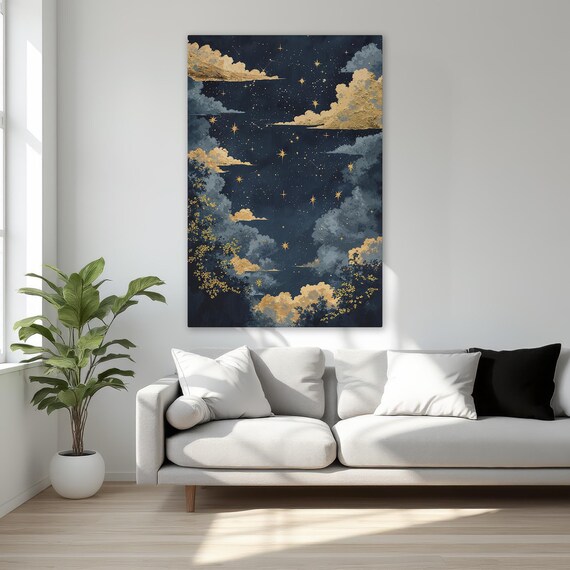 Celestial Framed Canvas Print Gold And Blue Clouds Starry Night Sky Wall Art Dreamy Decor For Living Room Ready To Hang