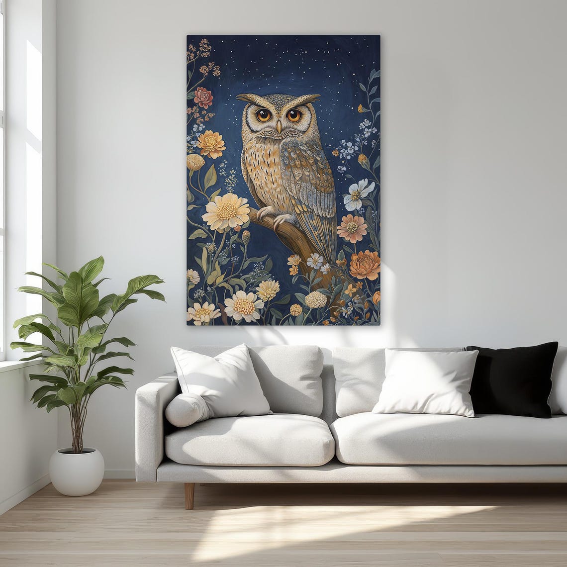 Mystical Elegant Owl On Branch Night Sky Floral Wildlife Wall Art