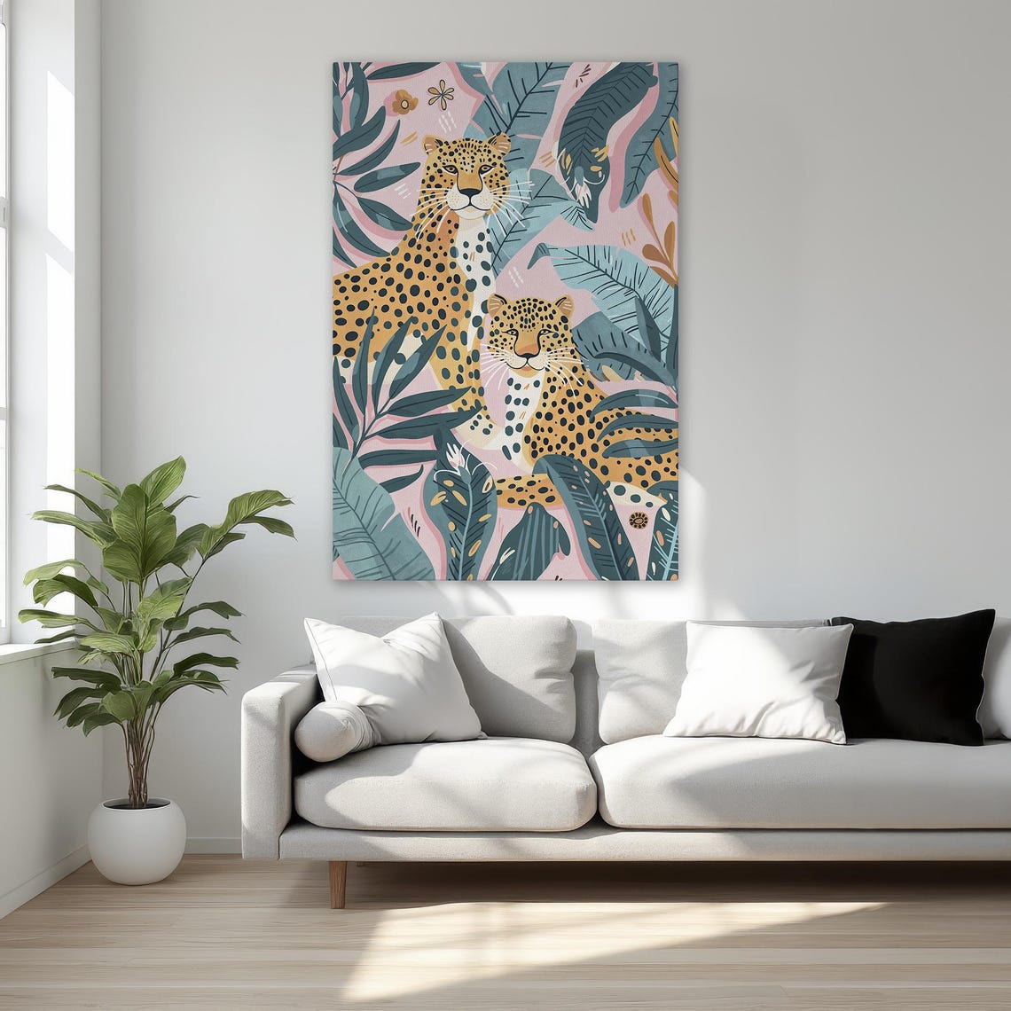 Cheetah Duo In Tropical Jungle Leaves Exotic Wildlife Art Poster