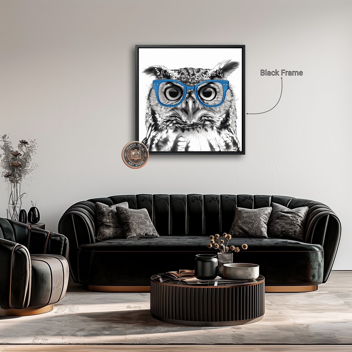 Owl With Blue Glasses, Black And White Art Print - Image 2