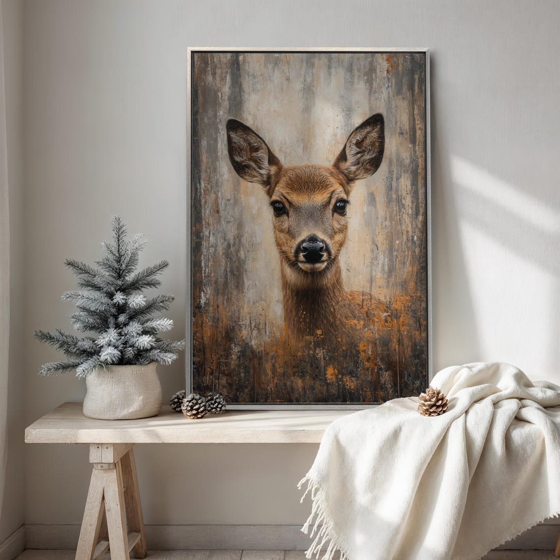 Young Deer Portrait On Rustic Textured Background Farm Art Print
