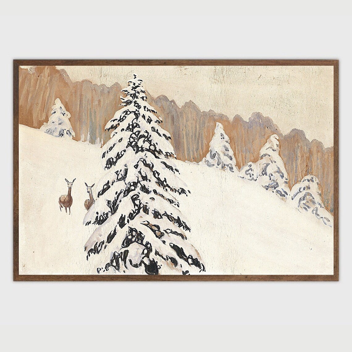 Vintage Snowy Landscape Art Print with Deer and Evergreens - Image 2
