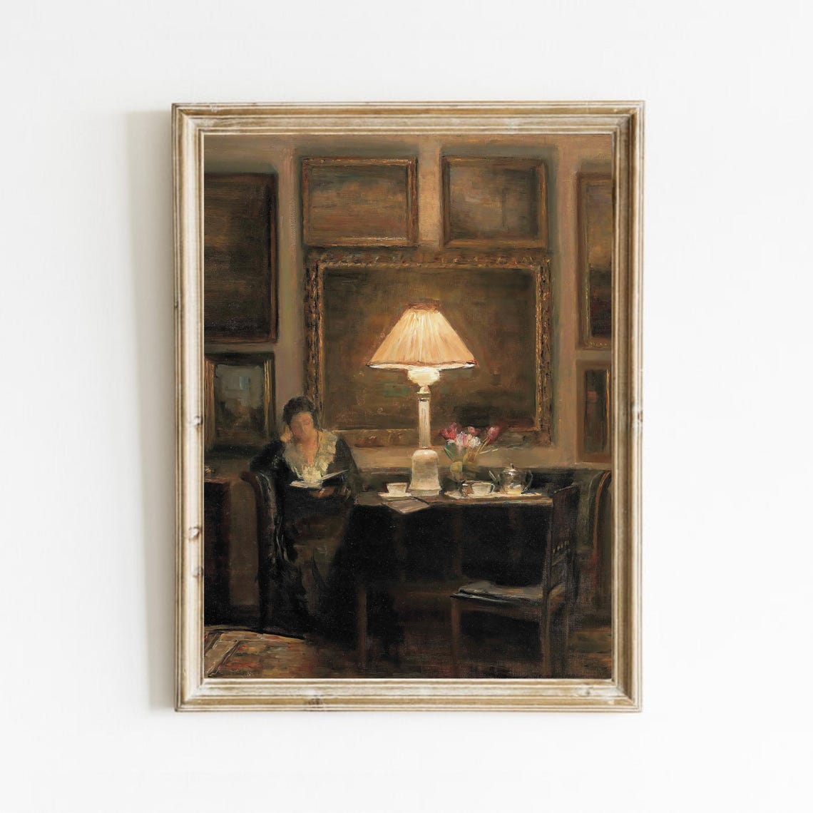 Woman Reading By Lamplight In A Warm Old Vintage Study Poster
