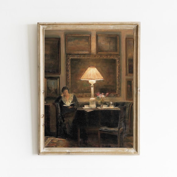 Woman Reading By Lamplight In A Warm Old Vintage Study Poster