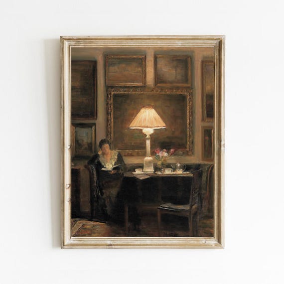 Woman Reading Print Vintage Woman Portrait Painting Moody Portrait Antique Rustic Decor Victorian Woman Wall Art