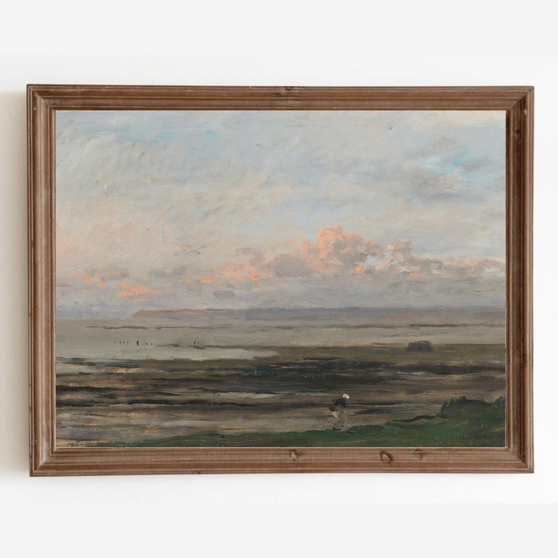Hazy Beach Seascape Tidal Flats Pink Clouds Lone Figure Vintage Poster