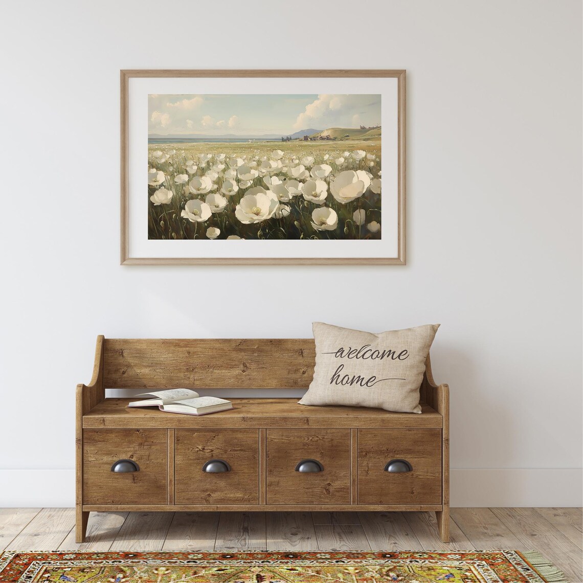 White Poppy Field By The Lake Vintage Floral Landscape Poster - Image 2
