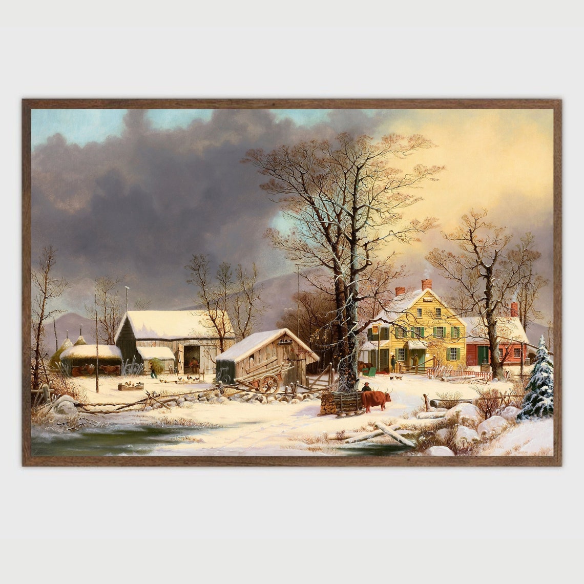 Vintage Winter Farm Painting Snowy Landscape Art Print Antique Farmhouse Decor Moody Farm Vintage Painting Holiday Art Print - Image 2