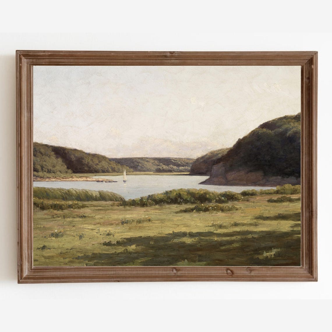 Serene Lake Between Green Hills Vintage Calm Landscape Poster