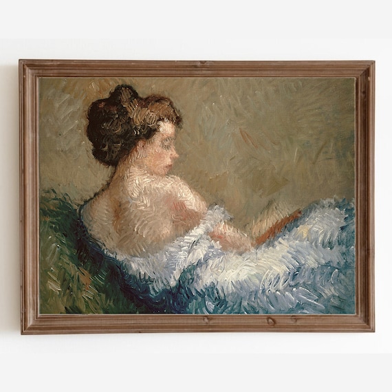 Impressionist Woman Portrait Blue Feathers Profile Vintage Painting Poster