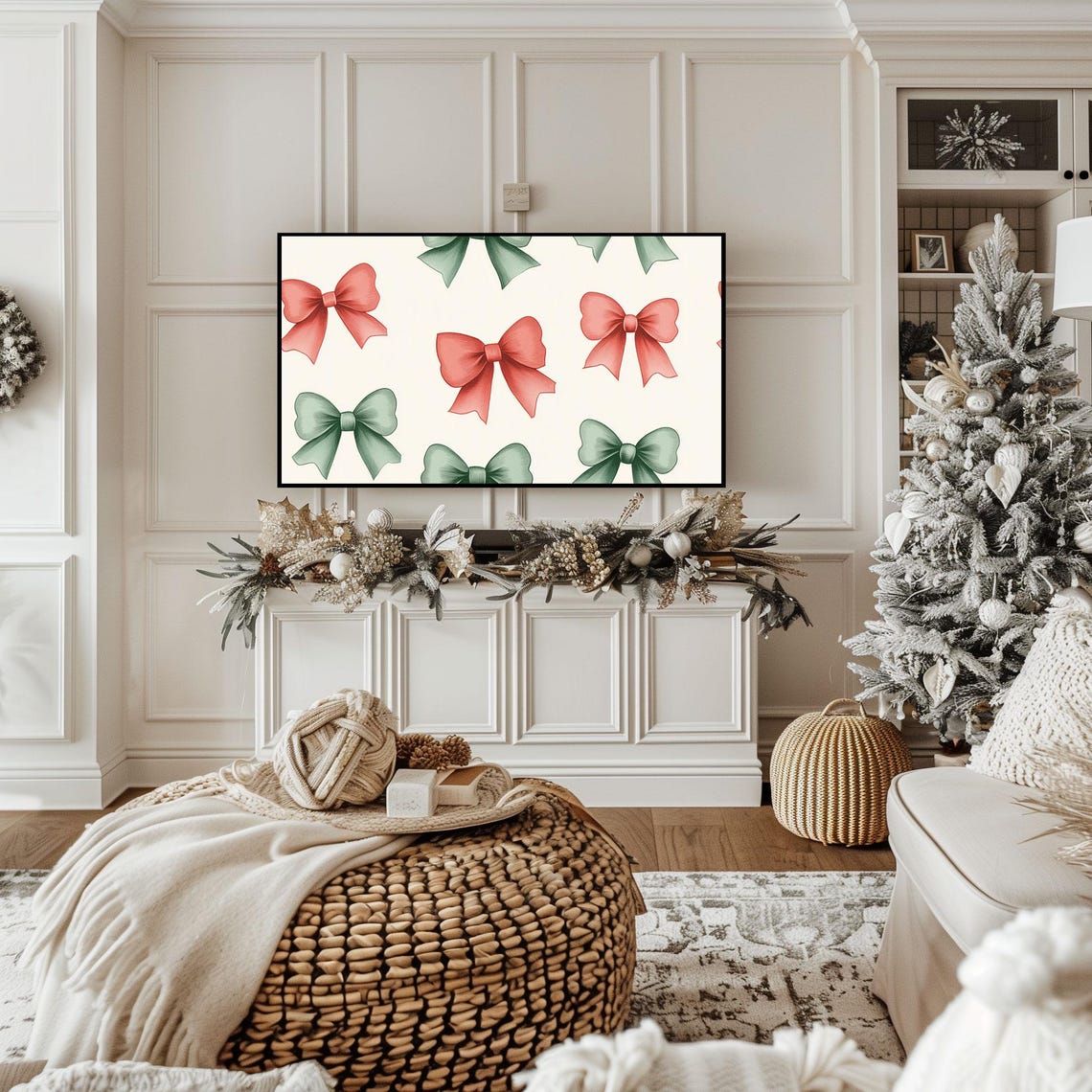 Festive Watercolor Red Green Bow Pattern Frame Tv Christmas Poster - Image 2