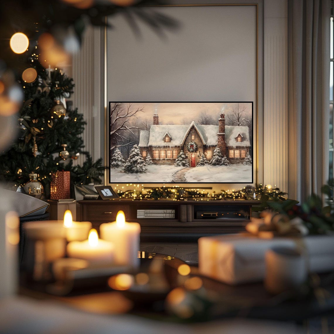 Cozy Snowy Christmas Cabin Glowing Windows Wreath Winter Poster - Image 3