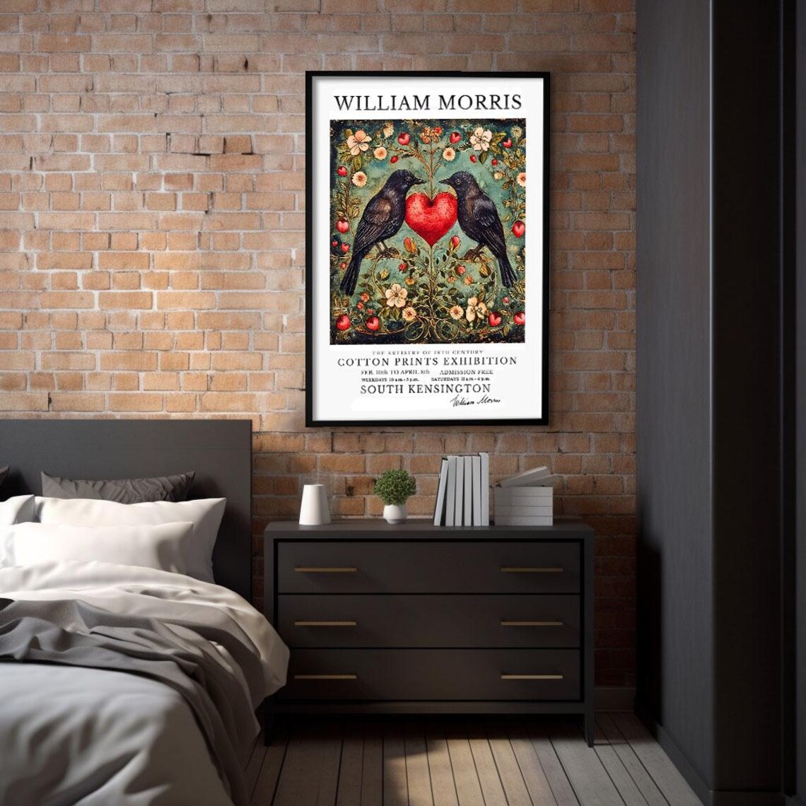 William Morris Two Black Birds Red Heart Cotton Prints Exhibition Poster - Image 2