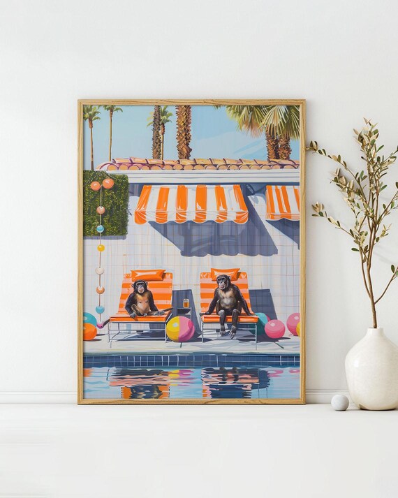 Two Chimps Pool Party Retro Illustration Lounge Summer Art Poster