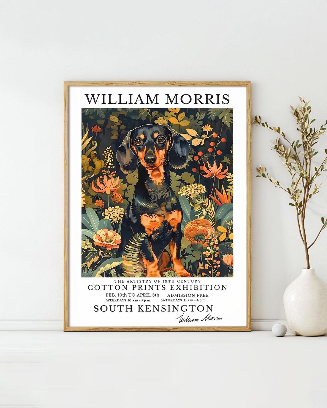William Morris Dachshund Dog Flowers Cotton Prints Exhibition Poster