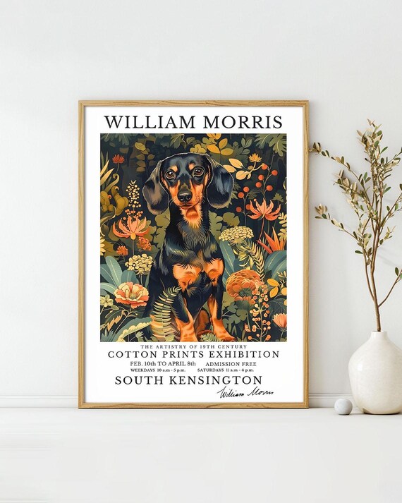 William Morris Dachshund Dog Flowers Cotton Prints Exhibition Poster